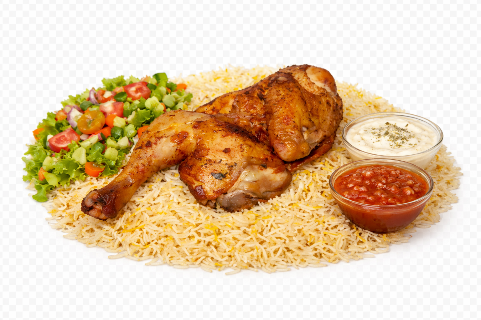 نص دجاج مع رز + سلطة + صوص