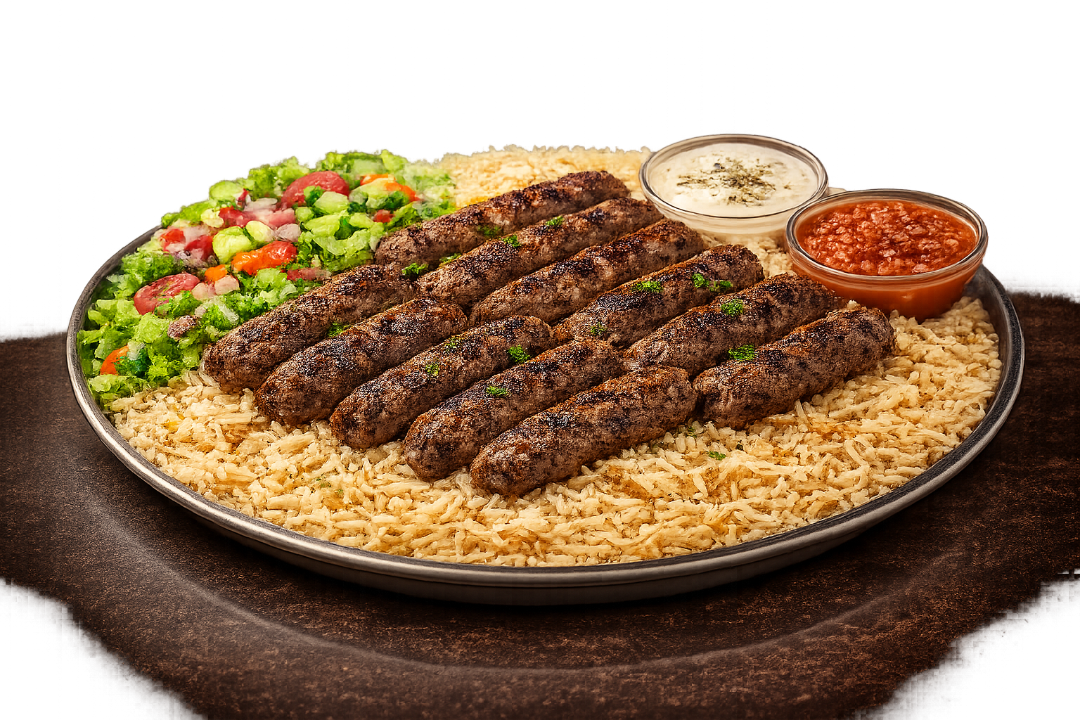 طبق رز مع كباب لحم صنعاني(كفتة) + سلطة +صوص